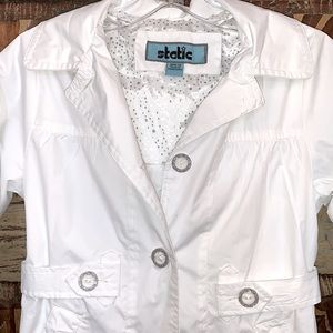 Hooded white & silver light weight coat w/cell phone inside pocket . Med 10/12